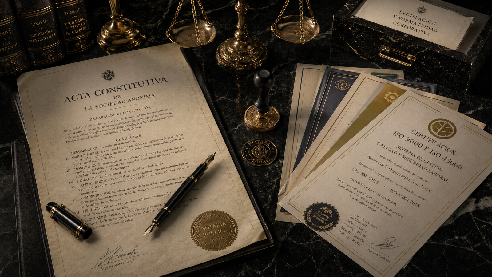 Acta constitutiva, sello notarial y certificaciones ISO